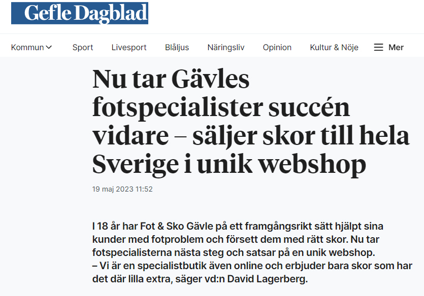 Gefle Dagblad om Fot & Sko Gävles nya webshop betterbalance.se